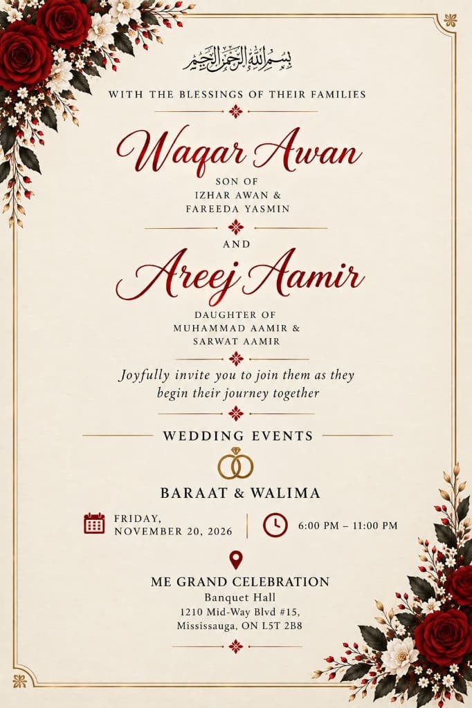 Wedding invitation for Waqar & Areej, Friday, November 20, 2026 at ME Grand Celebration